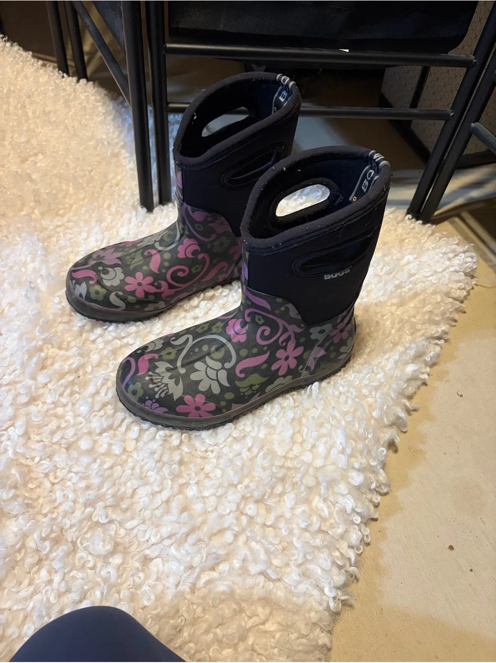 Bogs Women’s Black Floral Rain Boots with Pink & Green Accents